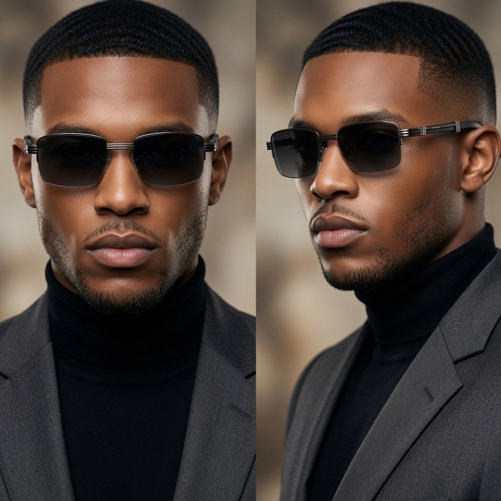 Mens Gunmetal Rectangular Semi Rimless Sunglasses Grey Gradient Lens Hip Hop New